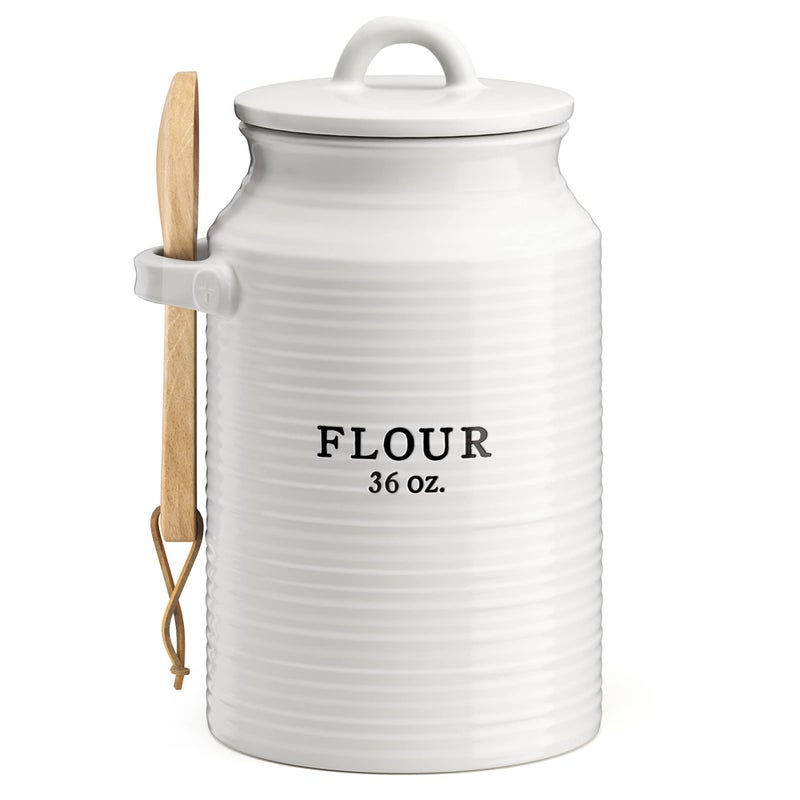 Barnyard Designs Flour Canister for Kitchen Counter Decorative Ceramic Flour Container Rustic Farmhouse Canister Jar White