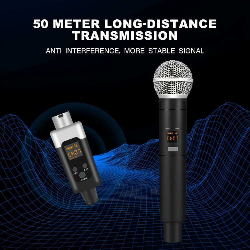نظام ميكروفون لاسلكي UHF مع التحكم في مستوى الصوت، قابل للتوصيل والتشغيل، يشمل ميكروفونين للحزام وميكروفونين للسماعة الرأسية، مناسب للفصول الدراسية والكنائس والمحاضرات والغناء والأنشطة الخارجية. - Image 4