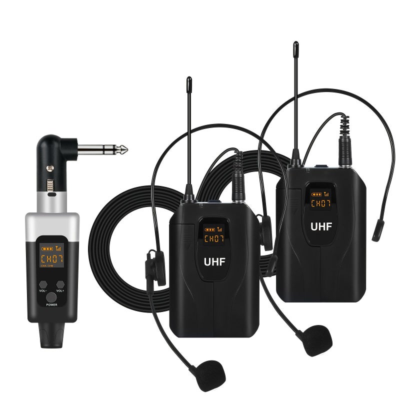 نظام ميكروفون لاسلكي UHF مع التحكم في مستوى الصوت، قابل للتوصيل والتشغيل، يشمل ميكروفونين للحزام وميكروفونين للسماعة الرأسية، مناسب للفصول الدراسية والكنائس والمحاضرات والغناء والأنشطة الخارجية. - Image 5
