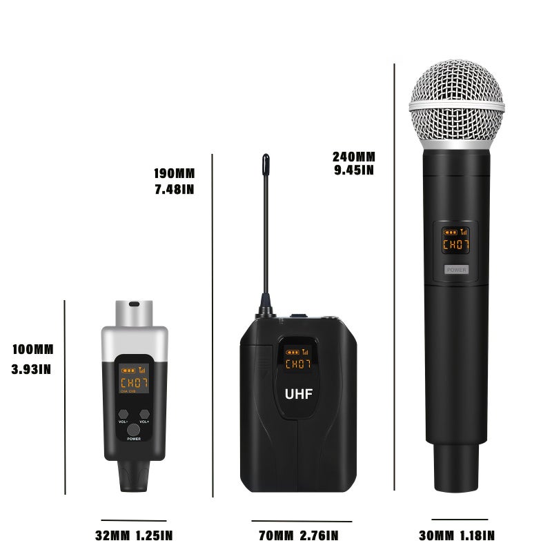 نظام ميكروفون لاسلكي UHF مع التحكم في مستوى الصوت، قابل للتوصيل والتشغيل، يشمل ميكروفونين للحزام وميكروفونين للسماعة الرأسية، مناسب للفصول الدراسية والكنائس والمحاضرات والغناء والأنشطة الخارجية. - Image 2