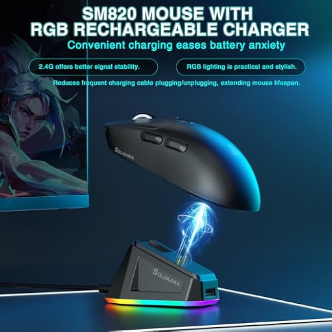 SOLAKAKA SM820 WIRELESS GAMING MOUSE WITH RGB CHARGING DOCK,24000 DPI TRI-MODES WIRELESS MOUSE WITH 2 SIDE BUTTONS,PROGRAMMABLE MACRO MOUSE FOR GAMING(BLACK) - Image 3