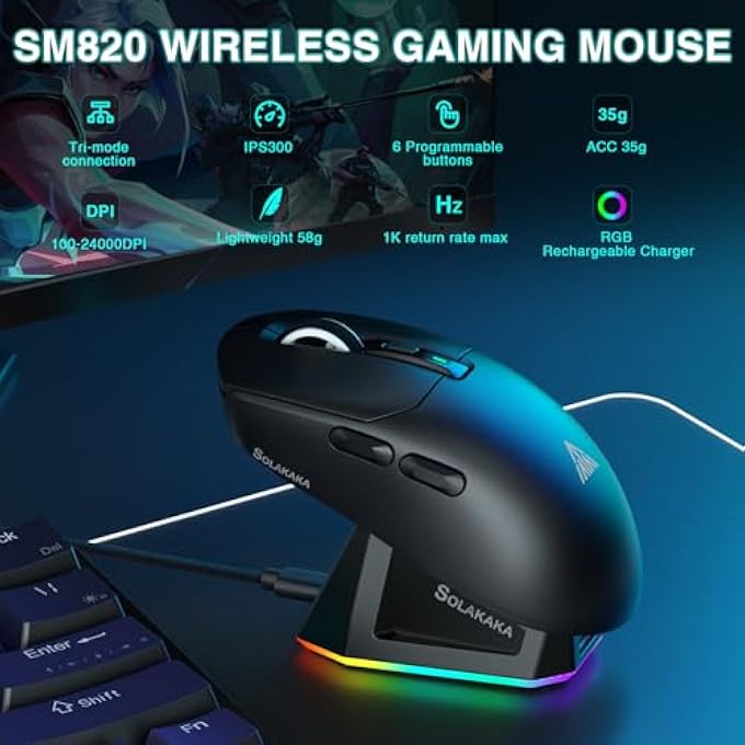 SOLAKAKA SM820 WIRELESS GAMING MOUSE WITH RGB CHARGING DOCK,24000 DPI TRI-MODES WIRELESS MOUSE WITH 2 SIDE BUTTONS,PROGRAMMABLE MACRO MOUSE FOR GAMING(BLACK) - Image 2