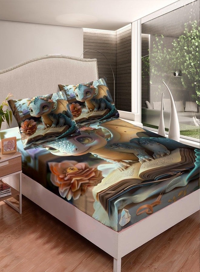 Castle Fairy Cartoon Dragon Fitted Sheet Queen Size Kids Fantasy Western Animal Bedding Set for Teens Wild Daisy Flower Bed Sheet Set Cute Dragons Bed Cover Room Decor - Image 2