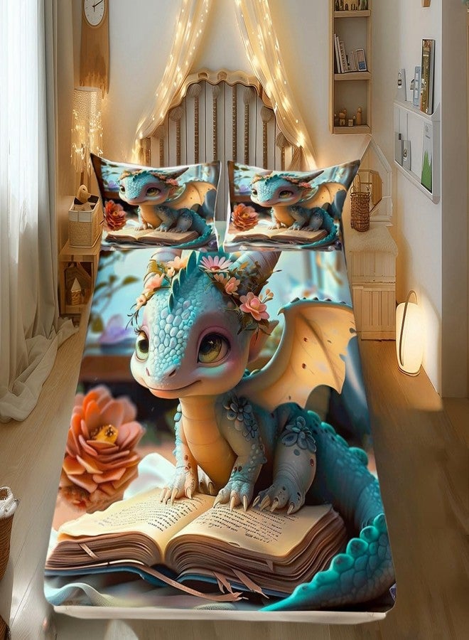 Castle Fairy Cartoon Dragon Fitted Sheet Queen Size Kids Fantasy Western Animal Bedding Set for Teens Wild Daisy Flower Bed Sheet Set Cute Dragons Bed Cover Room Decor - Image 1