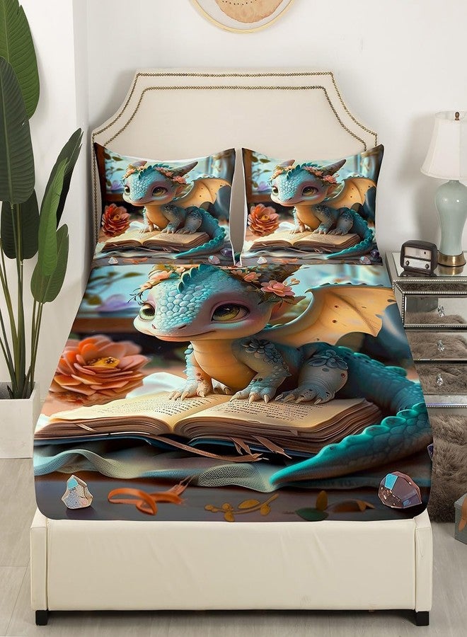 Castle Fairy Cartoon Dragon Fitted Sheet Queen Size Kids Fantasy Western Animal Bedding Set for Teens Wild Daisy Flower Bed Sheet Set Cute Dragons Bed Cover Room Decor - Image 3