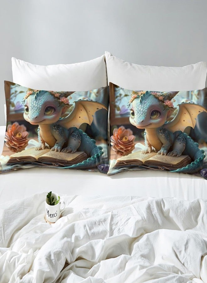 Castle Fairy Cartoon Dragon Fitted Sheet Queen Size Kids Fantasy Western Animal Bedding Set for Teens Wild Daisy Flower Bed Sheet Set Cute Dragons Bed Cover Room Decor - Image 5