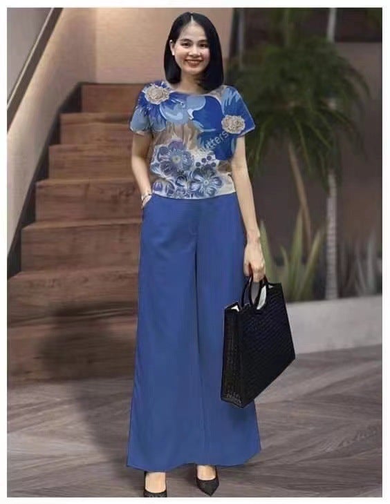 Cross-border 2023 New Cross-border suit Summer Fashion Solid Color plus size Loose Short-sleeved Printed Trousers Two-piece Set for Women Green - Image 2