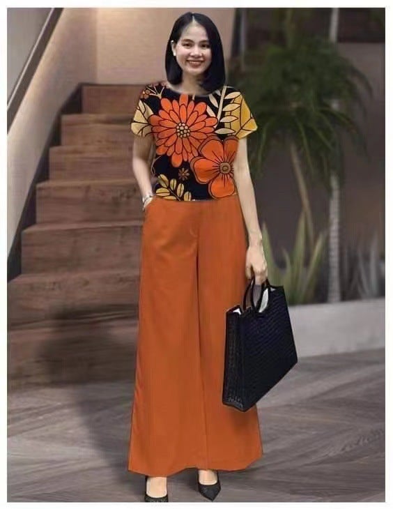 Cross-border 2023 New Cross-border suit Summer Fashion Solid Color plus size Loose Short-sleeved Printed Trousers Two-piece Set for Women Green - Image 3