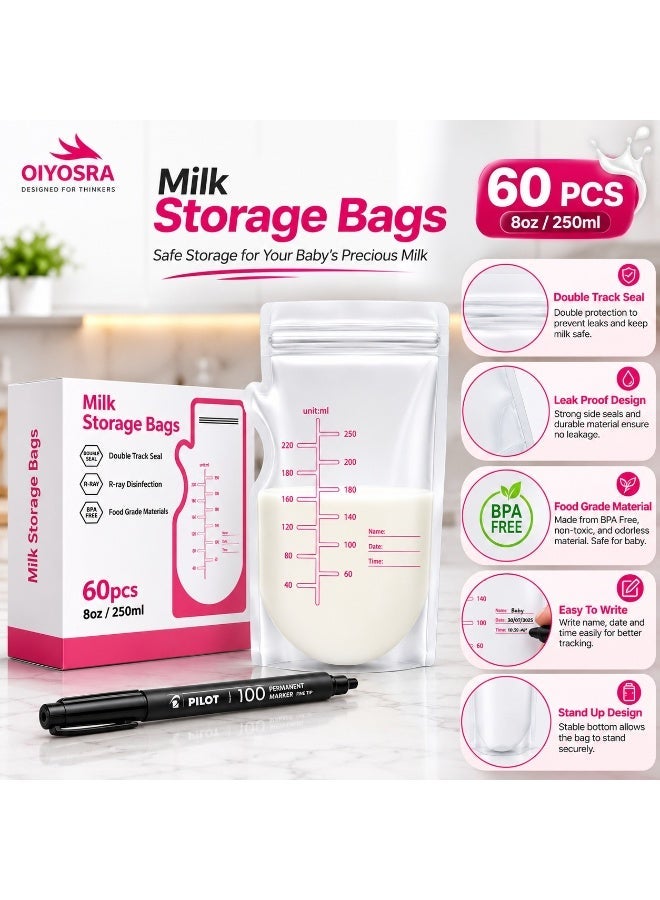 Oiyosra 60 Pcs Breast Milk Storage Bags 250ml with Marker – Leak Proof Double Zipper Breastmilk Freezer Pouches – BPA Free Disposable Self Standing Milk Bags for Pumped Milk & Baby Feeding - Image 3