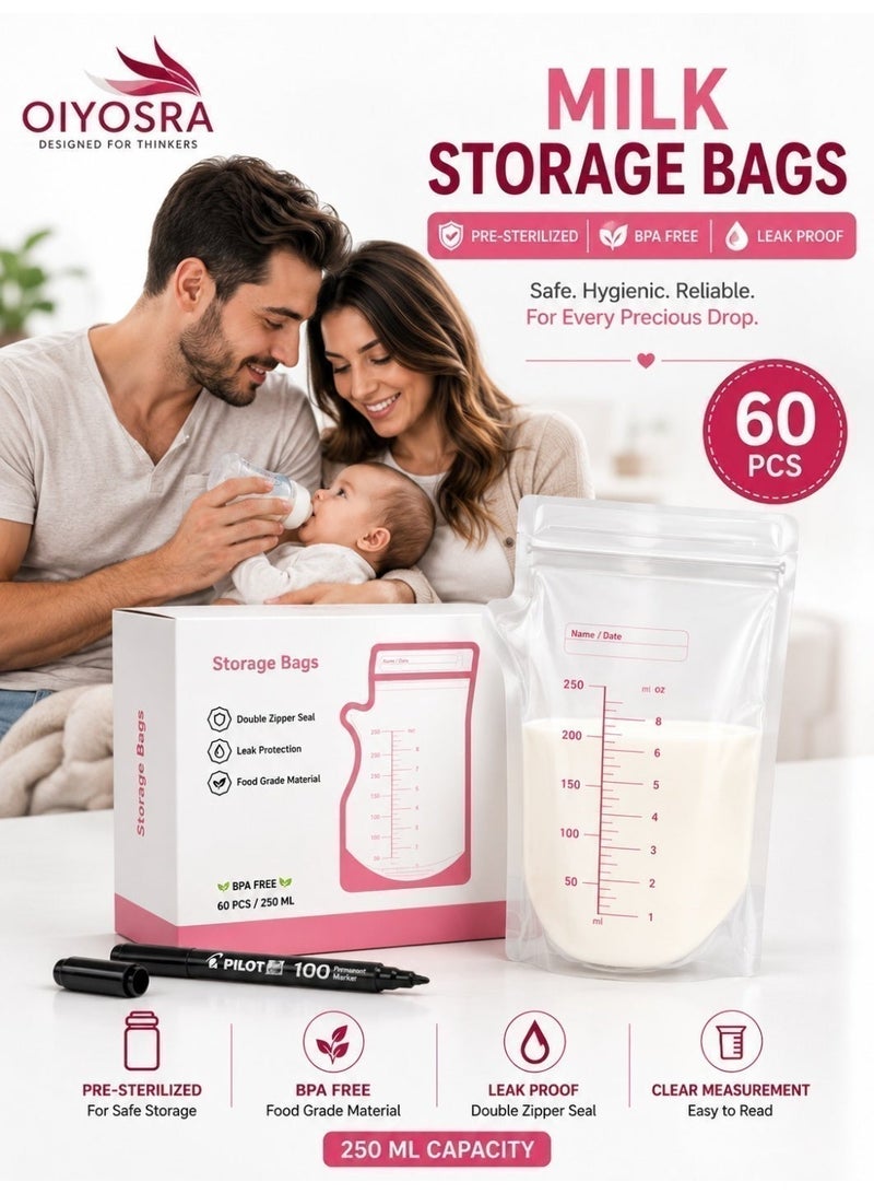 Oiyosra 60 Pcs Breast Milk Storage Bags 250ml with Marker – Leak Proof Double Zipper Breastmilk Freezer Pouches – BPA Free Disposable Self Standing Milk Bags for Pumped Milk & Baby Feeding - Image 2