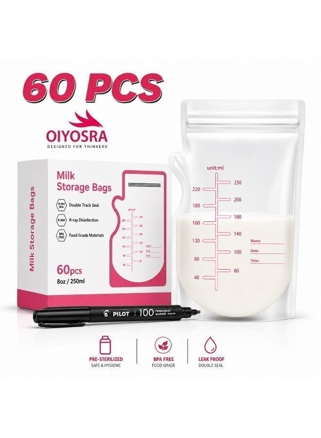 Oiyosra 60 Pcs Breast Milk Storage Bags 250ml with Marker – Leak Proof Double Zipper Breastmilk Freezer Pouches – BPA Free Disposable Self Standing Milk Bags for Pumped Milk & Baby Feeding