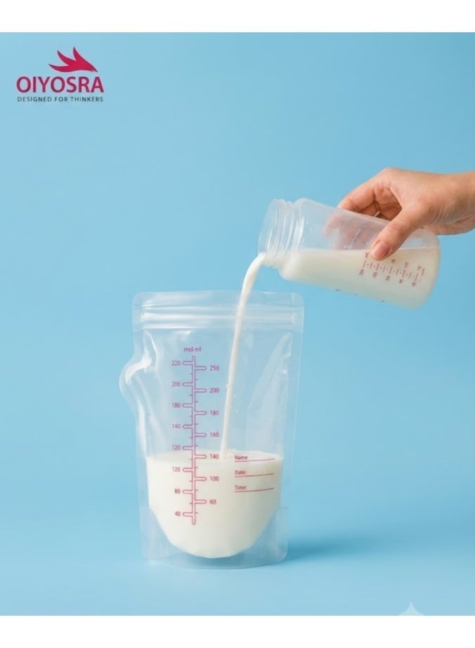 Oiyosra 60 Pcs Breast Milk Storage Bags 250ml with Marker – Leak Proof Double Zipper Breastmilk Freezer Pouches – BPA Free Disposable Self Standing Milk Bags for Pumped Milk & Baby Feeding - Image 4