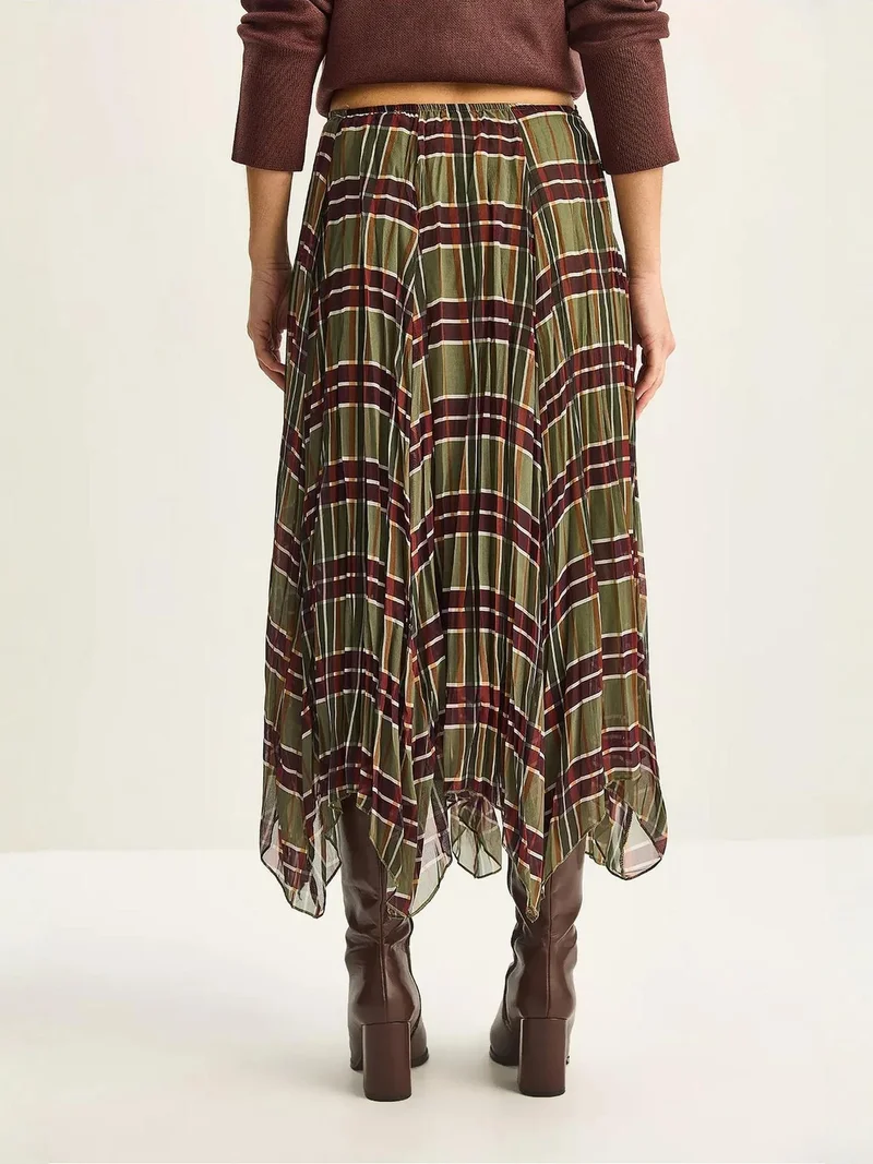 Bianco Lucci Green LUCCI Lined Checkered Midi Skirt for Women | Best Price UAE