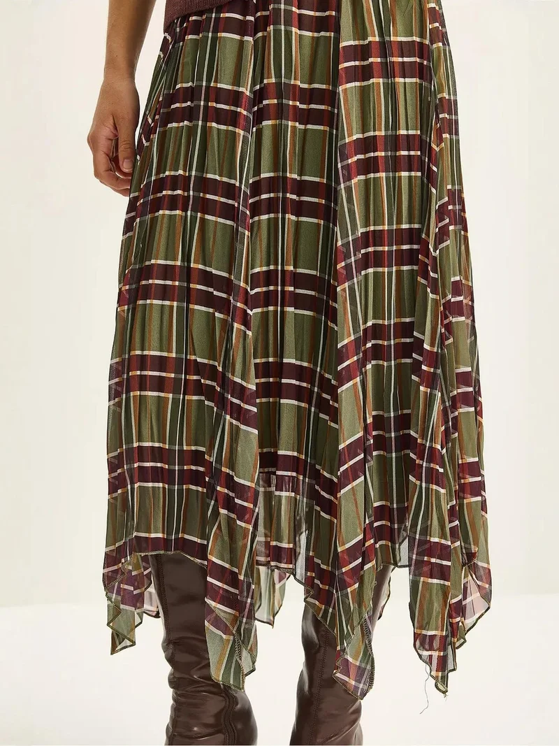 Bianco Lucci Green LUCCI Lined Checkered Midi Skirt for Women | Best Price UAE