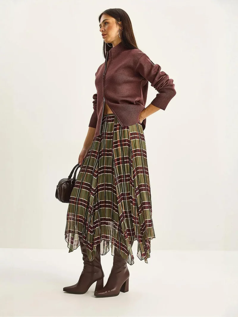 Bianco Lucci Green LUCCI Lined Checkered Midi Skirt for Women | Best Price UAE