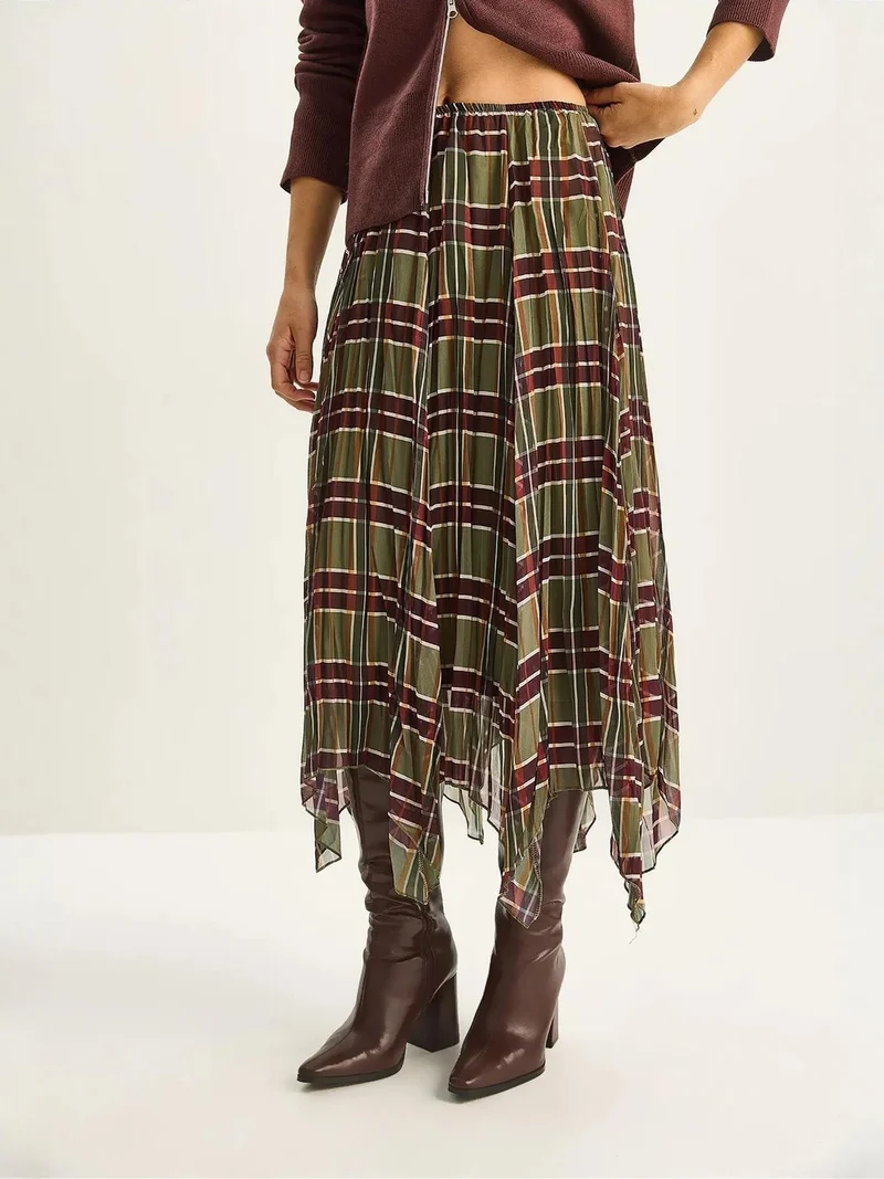 Bianco Lucci Green LUCCI Lined Checkered Midi Skirt for Women | Best Price UAE