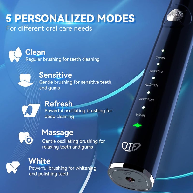 JTF Electric Toothbrush, Sonic Toothbrush, USB Rechargeable, IPX7 Waterproof, 6 Replacement Brushes, 5 Modes, Toothbrush, Electric Toothpaste, Auto Timer Function, Storage Case, Portable, Convenient - Image 4