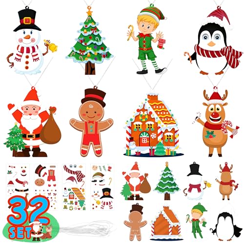 LINAYE Christmas Ornament Crafts for Kids Toddlers 32 Set Make Your Own Ornament Craft Kit Christmas Party Favor Goodie Bag Stuffers Game Activities for Kids - Image 1