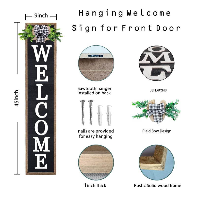 comurdyo 3D Outdoor Welcome Sign for Front Porch Standing 45"X9" Wood Frame Large Vertical Tall Leaner Welcome Signs Decor for Rustic Farmhouse Outside Home Front Door Decorations(Wood Black) - Image 3