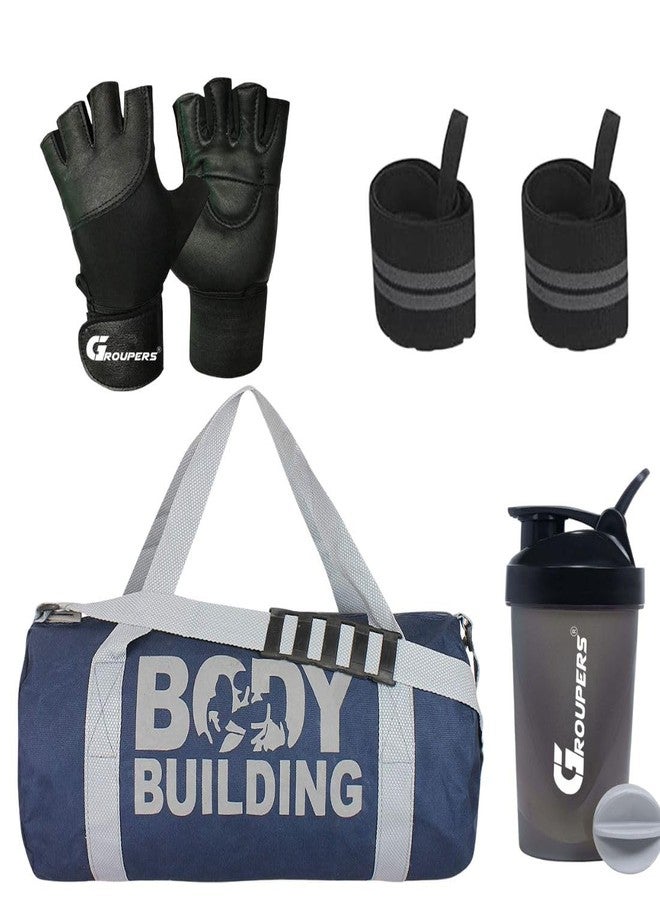 GROUPERS Duffle Canvas Bag with Shaker Bottle-400ml, Wrist Band & GloveslSports & Travel BaglSports Kitl (Blue) - Image 1