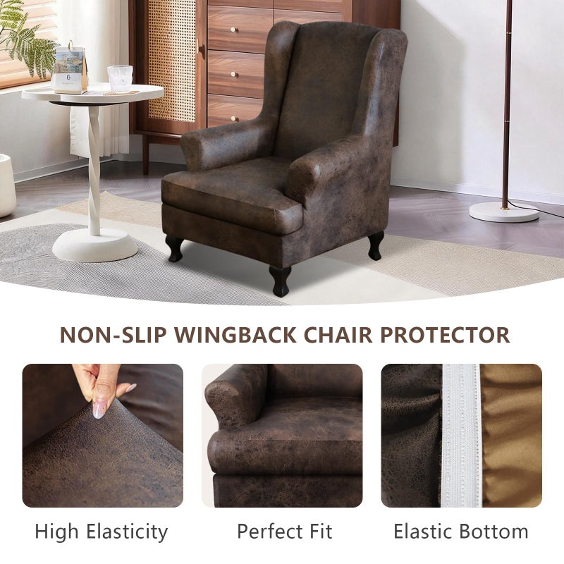 ANARACHON Leather Look Wingback Chair Covers, 2-Piece Wing Chair slipcover, Stretch Wing Back Armchair Slipcovers with Elastic Bottom, Soft Spandex Furniture Protector for Living Room, Brown - Image 4