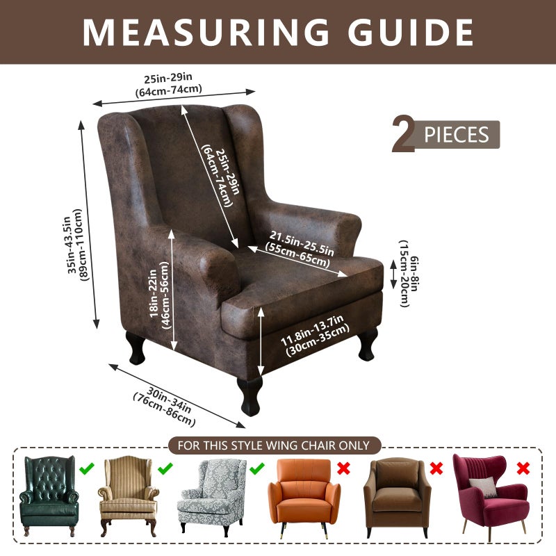 ANARACHON Leather Look Wingback Chair Covers, 2-Piece Wing Chair slipcover, Stretch Wing Back Armchair Slipcovers with Elastic Bottom, Soft Spandex Furniture Protector for Living Room, Brown - Image 3