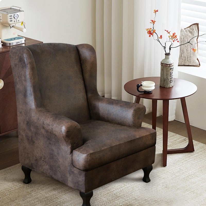 ANARACHON Leather Look Wingback Chair Covers, 2-Piece Wing Chair slipcover, Stretch Wing Back Armchair Slipcovers with Elastic Bottom, Soft Spandex Furniture Protector for Living Room, Brown - Image 2