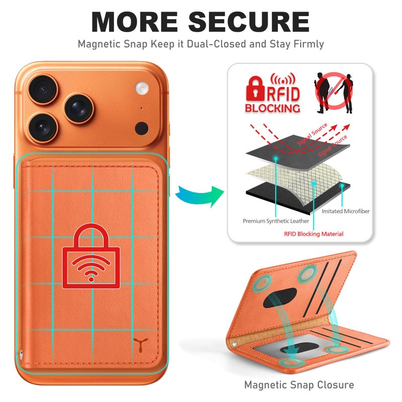 TUCCH for Magsafe Wallet with 6 Card Holders, RFID Blocking [Clear ID Window] PU Leather Men Women Folio Magnetic Phone Wallet for iPhone 17/16/15/14/13/12/Plus/Air/Pro/Pro Max Series, Orange - Image 3