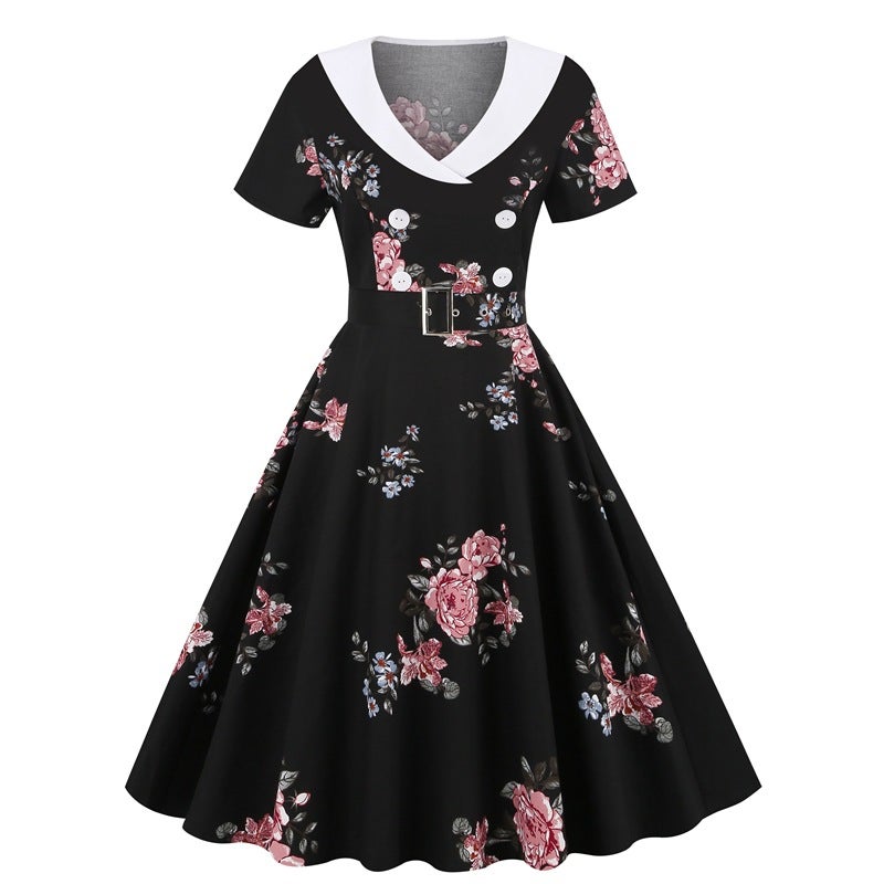 Vintage Floral Print Fitted Waist A-line Swing Dress 8052 Elegant - Image 1