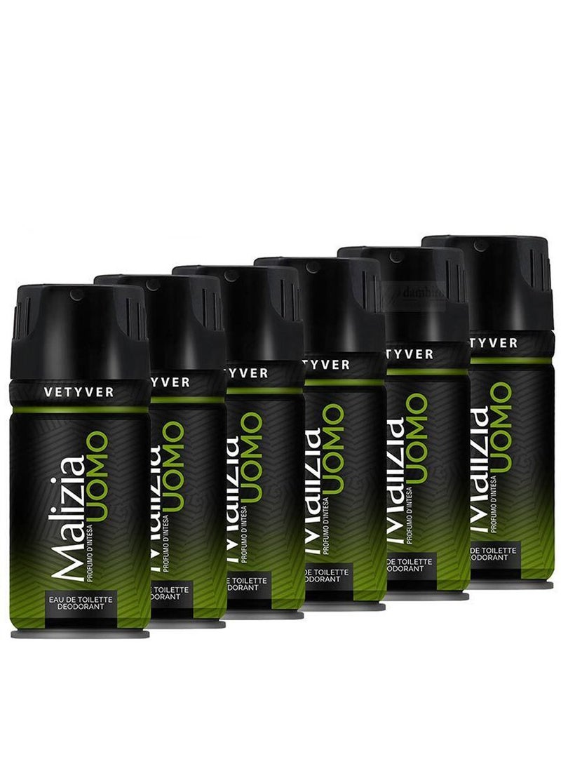 Malizia Uomo Deo Vetyver Body Spray 150ml (Pack of 6) - Image 1