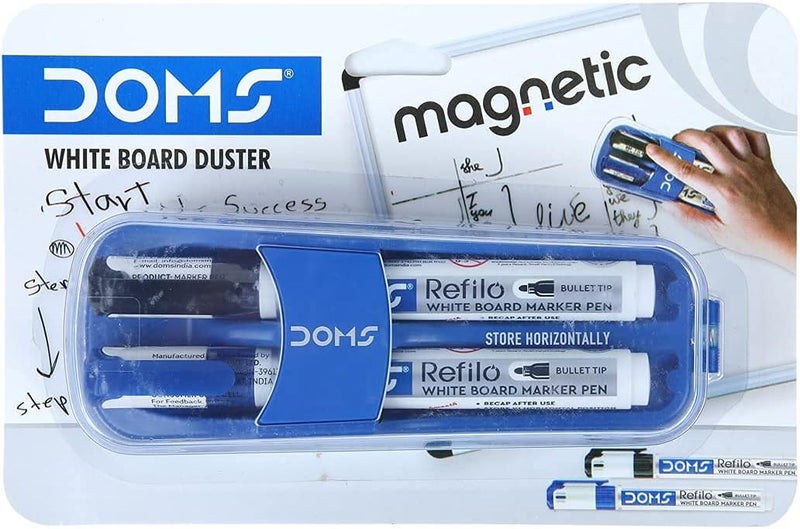 DOMS Fine Magnetic Whiteboard Duster Marker Set Easy To Wipe Refillable White Board Marker With Good Grip Set Of 2 Markers & 1 Duster Blue & Black Ink, Pack Of 1 - Image 2