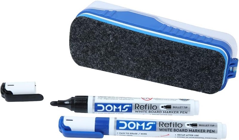 DOMS Fine Magnetic Whiteboard Duster Marker Set Easy To Wipe Refillable White Board Marker With Good Grip Set Of 2 Markers & 1 Duster Blue & Black Ink, Pack Of 1 - Image 1
