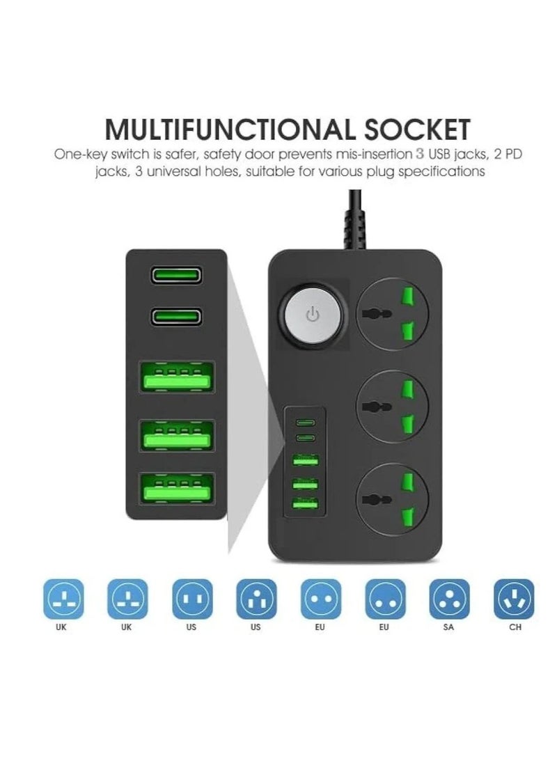Generic Empire extension board power strip with 20w fast pd type c 2500w 10a extension cord with 3 universal socket 38w usb fast charging ports multi port extension with usb port 2m power cord.  - Image 4