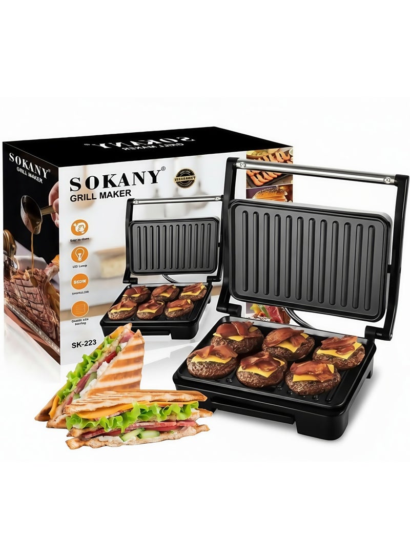 سوكاني صانعة السندوتشات شواية بانيني/ساندويتش غير لاصقة، ماكينة شرائح اللحم، صانع ساندوتش داخلية، 850 واط، للحوم المشوية، النقانق، الهامبرجر، ساندويتش الخبز,سخانة ساندوتش,سخان ساندوتش, حماصة ساندوتش, - Image 1