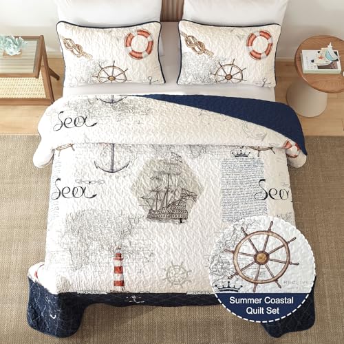 Djoymock Ocean King Size Quilt Set 3 Piece,Nautical Coastal Quilt Bedding Set with 2 Shams Soft Lightweight Beach Bedspread Coverlet Summer Reversible Microfiber Comforter Set for All Season, 104"x90" - Image 3