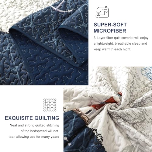 Djoymock Ocean King Size Quilt Set 3 Piece,Nautical Coastal Quilt Bedding Set with 2 Shams Soft Lightweight Beach Bedspread Coverlet Summer Reversible Microfiber Comforter Set for All Season, 104"x90" - Image 5