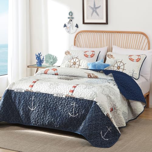 Djoymock Ocean King Size Quilt Set 3 Piece,Nautical Coastal Quilt Bedding Set with 2 Shams Soft Lightweight Beach Bedspread Coverlet Summer Reversible Microfiber Comforter Set for All Season, 104"x90" - Image 2