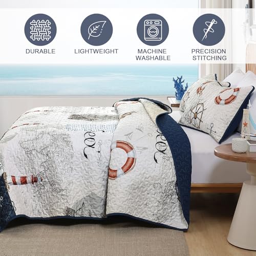 Djoymock Ocean King Size Quilt Set 3 Piece,Nautical Coastal Quilt Bedding Set with 2 Shams Soft Lightweight Beach Bedspread Coverlet Summer Reversible Microfiber Comforter Set for All Season, 104"x90" - Image 4