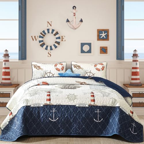 Djoymock Ocean King Size Quilt Set 3 Piece,Nautical Coastal Quilt Bedding Set with 2 Shams Soft Lightweight Beach Bedspread Coverlet Summer Reversible Microfiber Comforter Set for All Season, 104"x90" - Image 1