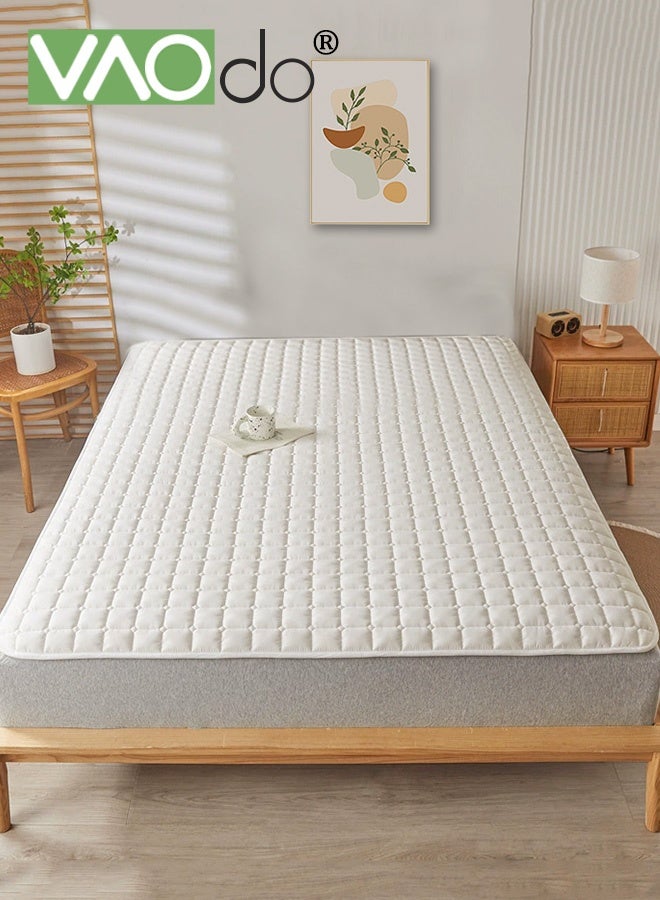 فاو دو مرتبة سرير مع شريط مطاطي مانع للانزلاق، حشوة ألياف فول الصويا، غطاء سميك قابل للإزالة، وسادة نوم قابلة للطي محمولة، قابلة للغسل في الغسالة أبيض - Image 1