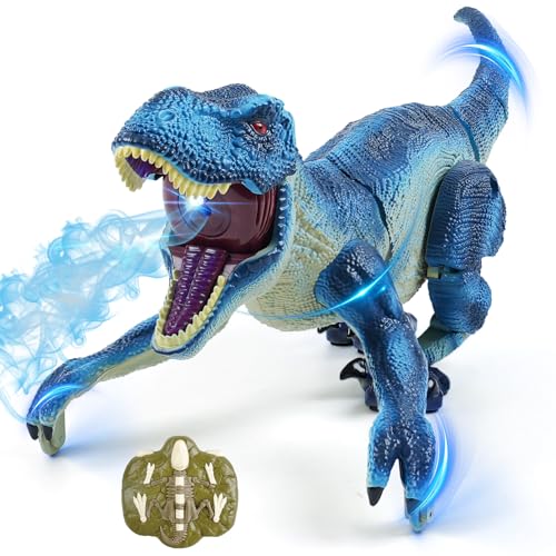BEMITON Remote Control Dinosaur Toy for Kids Birthday Gifts for Boys Age 3 4 5 6 7 8 9 10 11 12 Year Old 24GHz Interactive Walking Dino with Lights Spray Roar Blue - Image 1