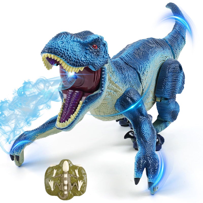 BEMITON Remote Control Dinosaur Toy for Kids Birthday Gifts for Boys Age 3 4 5 6 7 8 9 10 11 12 Year Old 24GHz Interactive Walking Dino with Lights Spray Roar Blue - Image 3