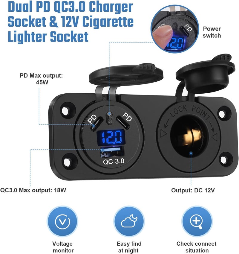Thlevel 18W QC 3.0 & 45W Dual PD Type C USB Car Charger Socket Cigarette Lighter Socket 12V/24V Power Outlet with LED Digital Voltmeter and Touch Switch for Car Boat Marine - Image 3