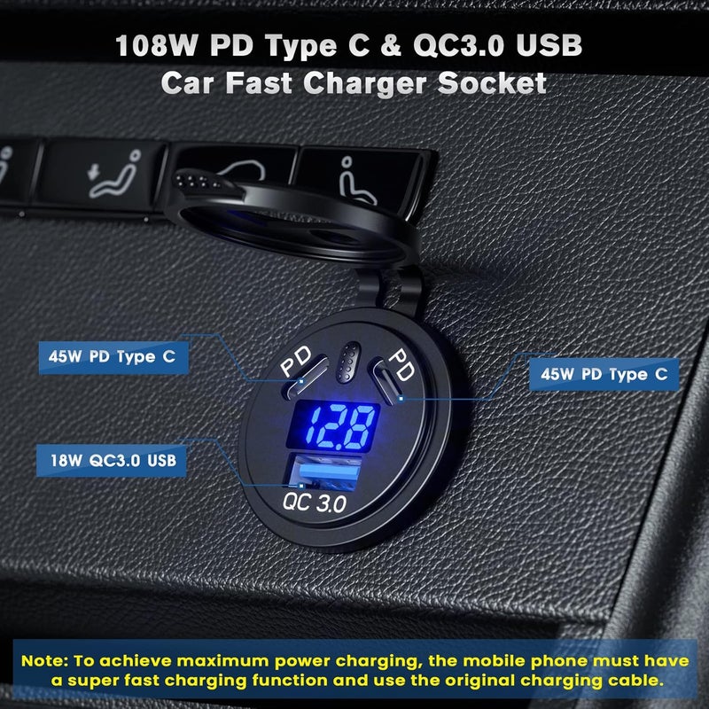 Thlevel 18W QC 3.0 & 45W Dual PD Type C USB Car Charger Socket Cigarette Lighter Socket 12V/24V Power Outlet with LED Digital Voltmeter and Touch Switch for Car Boat Marine - Image 2
