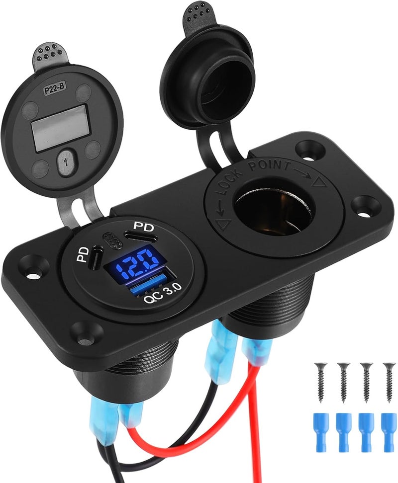 Thlevel 18W QC 3.0 & 45W Dual PD Type C USB Car Charger Socket Cigarette Lighter Socket 12V/24V Power Outlet with LED Digital Voltmeter and Touch Switch for Car Boat Marine - Image 1