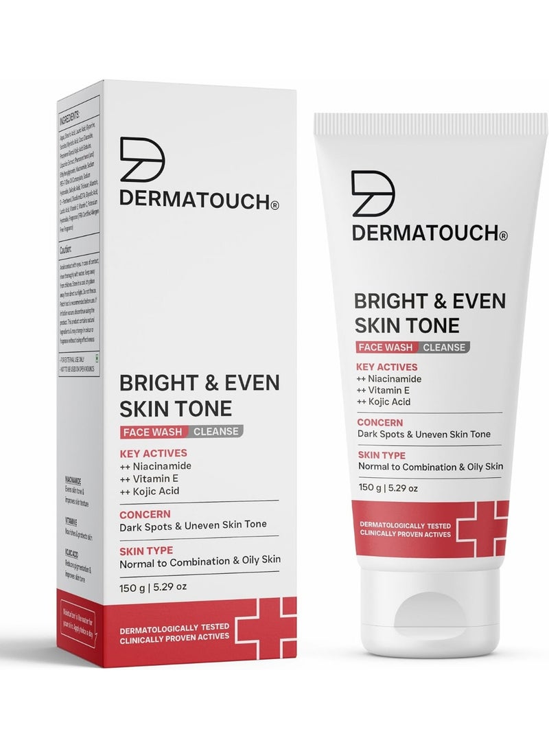 DERMATOUCH Bright & Even Tone Face Wash with Niacinamide, Vitamin E and Kojic Acid | For Tan, Pigmentation Dark Spots & Uneven Skin Tone | Oil Control | Dermatologist Tested | For Men & Women | 150g