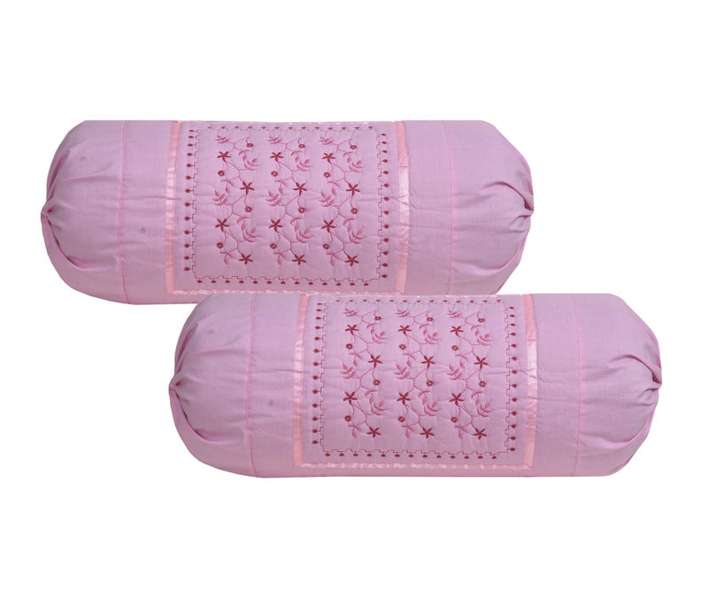 HSR Collection Embroidered 144 TC 100% Cotton 2 Piece Bolster Cover(Not Bolster), 16"x 32", Pink - Image 3
