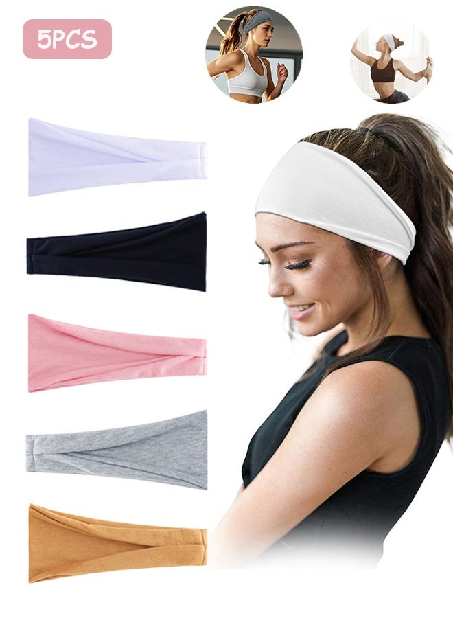 MXN 5Pcs Wide Sport Headbands for Women, Breathable Cotton Elastic Running Fitness Yoga Sweat Wicking Headbands, Ideal for Workouts Gym Cycling Outdoor Activities - Image 1