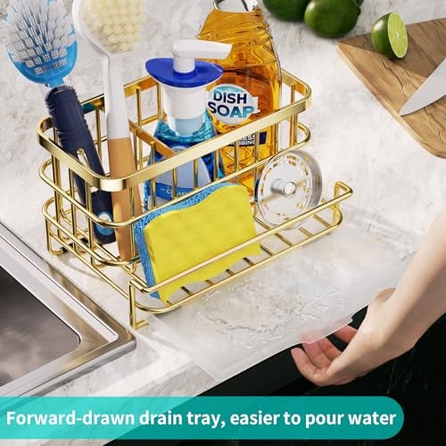 HapiRm Multifunctional Kitchen Sink Organizer with Removable Drain Tray, Quick Draining Rustproof Sink Caddy, Stainless Steel Kitchen Sponge Holder for Holds Sponge, Cleaning Towel and Scrubber - Gold - Image 4