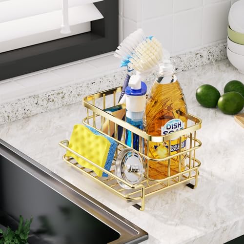 HapiRm Multifunctional Kitchen Sink Organizer with Removable Drain Tray, Quick Draining Rustproof Sink Caddy, Stainless Steel Kitchen Sponge Holder for Holds Sponge, Cleaning Towel and Scrubber - Gold - Image 2